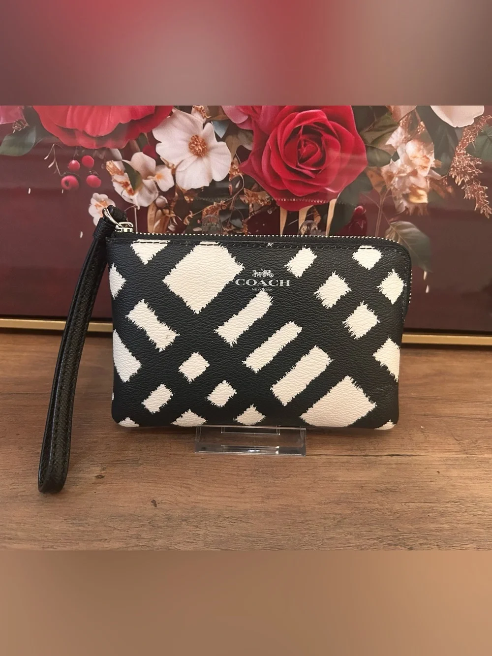Coach Black and White Geometric Leather Wristlet